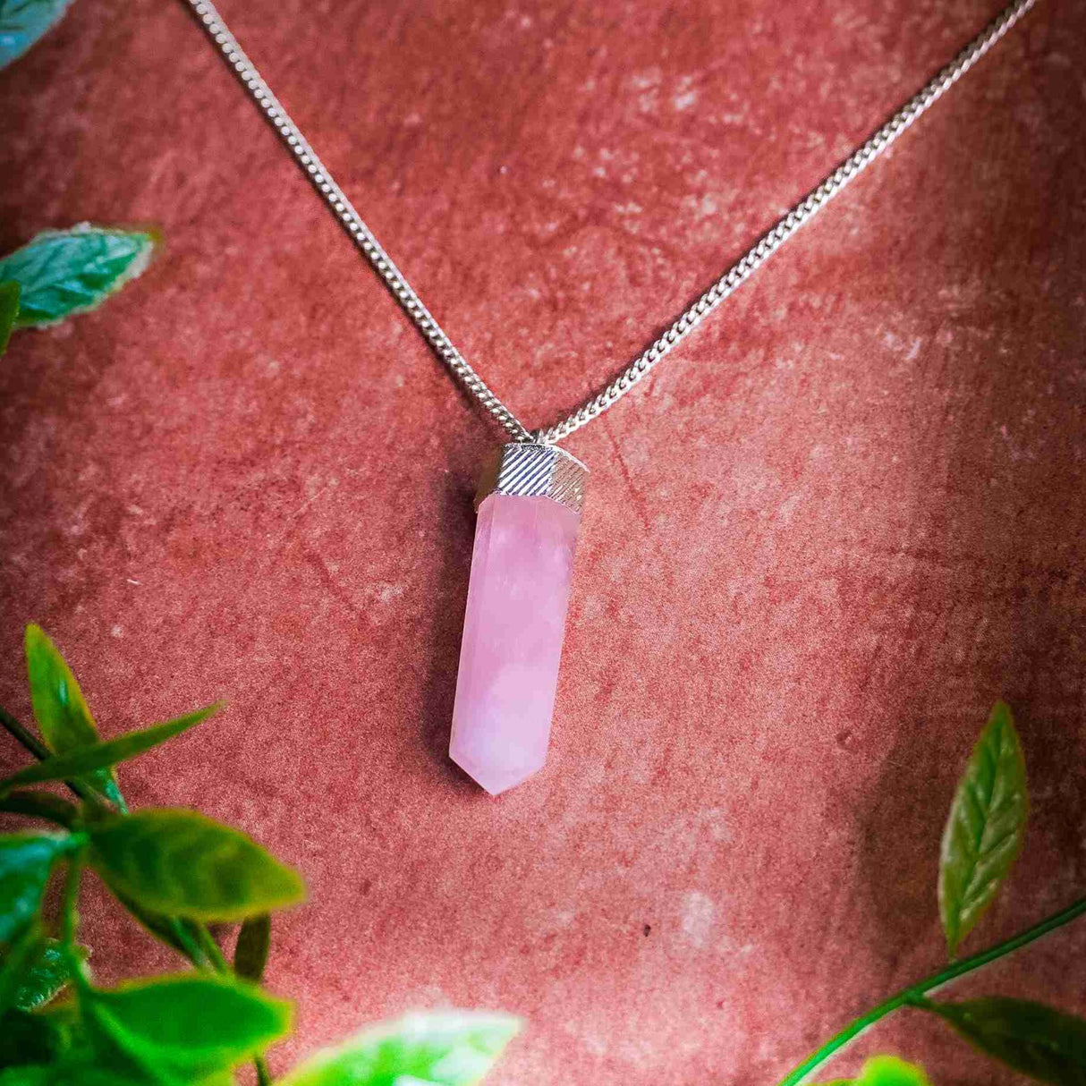 Silver Plated Rose Quartz Wand Necklace