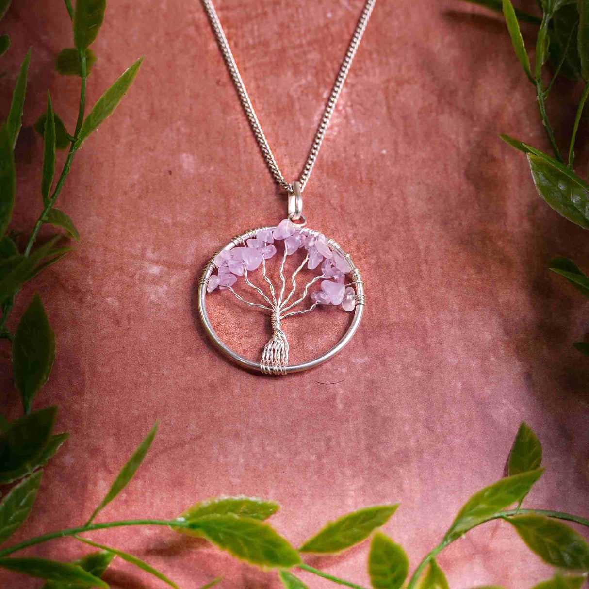 Silver Plated Rose Quartz Tree Of Life Necklace