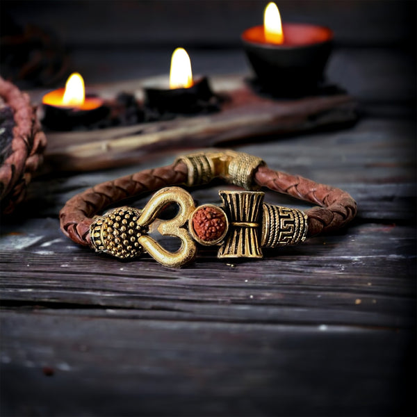 Rustic Om Rudraksha Leather Bracelet For Men