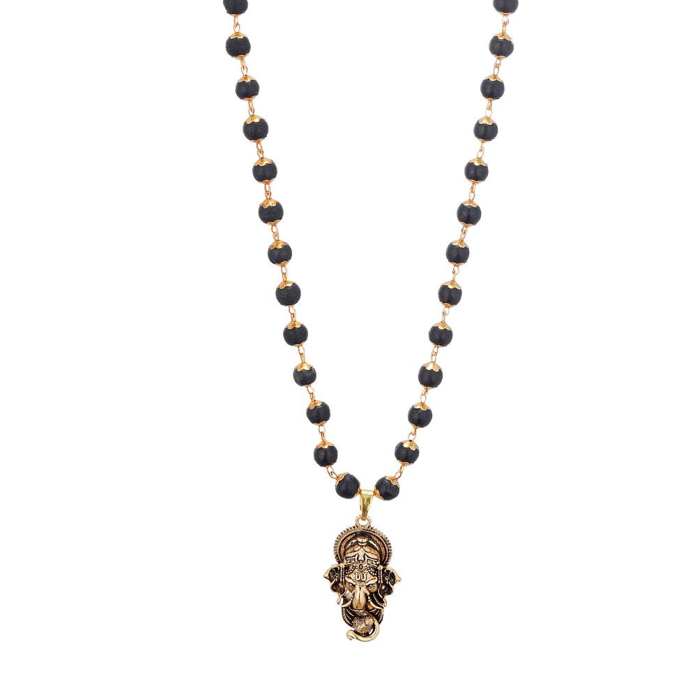 Gold Plated Karungali Necklace with Lord Ganesha Pendant