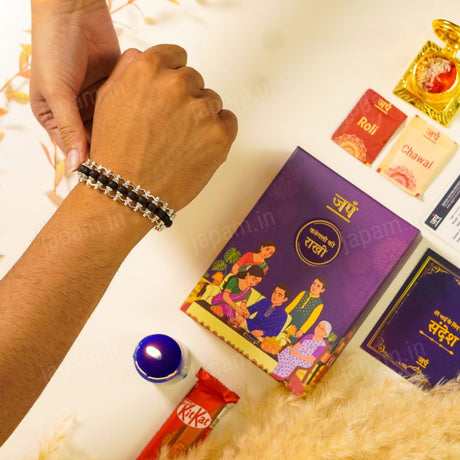 Silver Plated Modern Karungali Ki Rakhi - Complete Rakhi Box