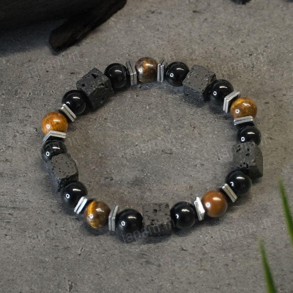 GelConnie Triple Protection Bracelet – Tiger Eye, Black Onyx & Lava Rock 8mm Bead Bracelet For Men & Women