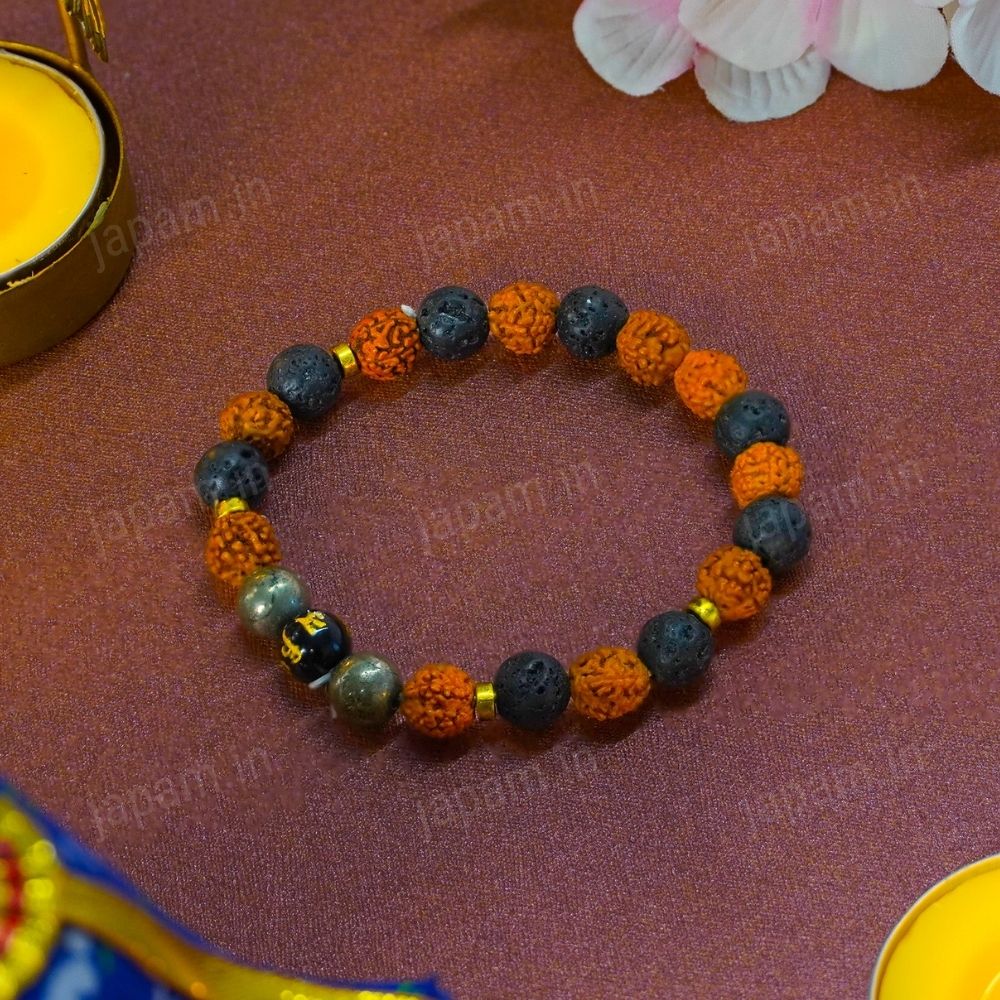 Om Mani Padme Hum Band with Rudraksha, Pyrite and Lava Beads