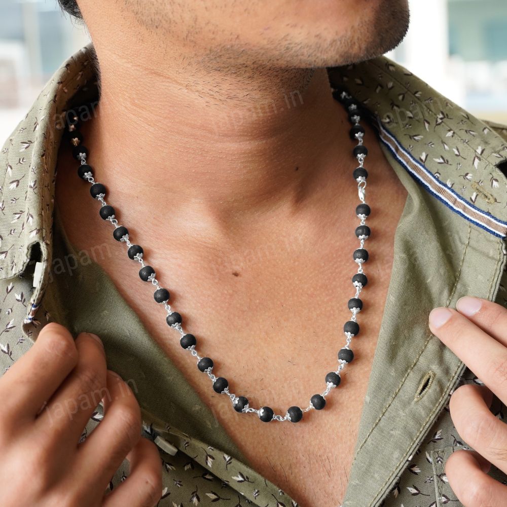 Pure 92.5 Sterling Silver Karungali Mala - Natural Ebony Wood