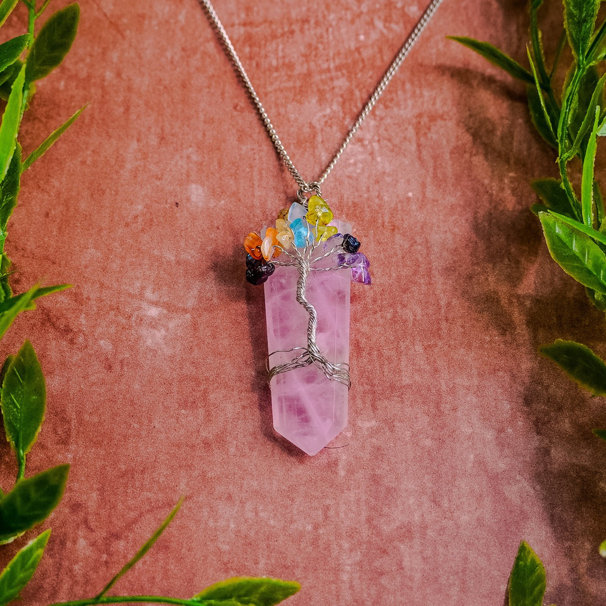 Silver Plated Rose Quartz 7 Chakra Necklace