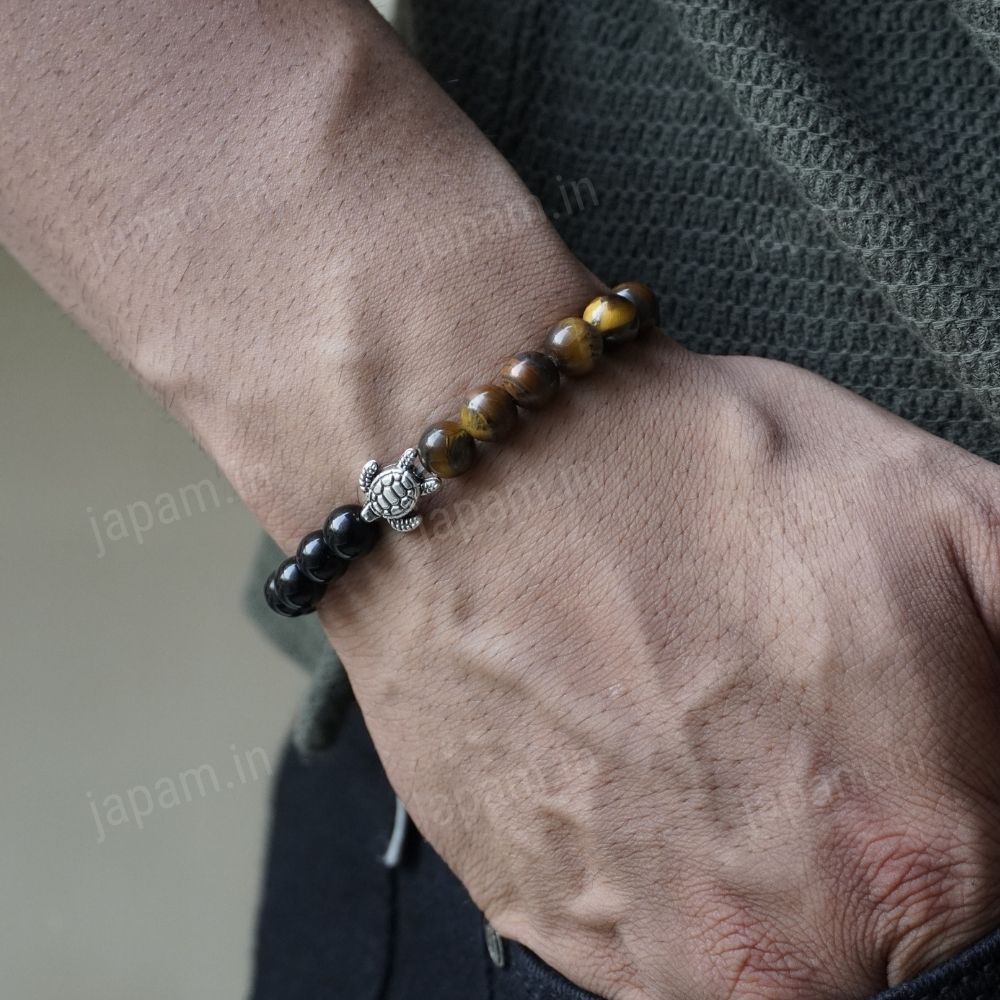 Tiger Eye & Black Onyx Turtle Good Luck Band