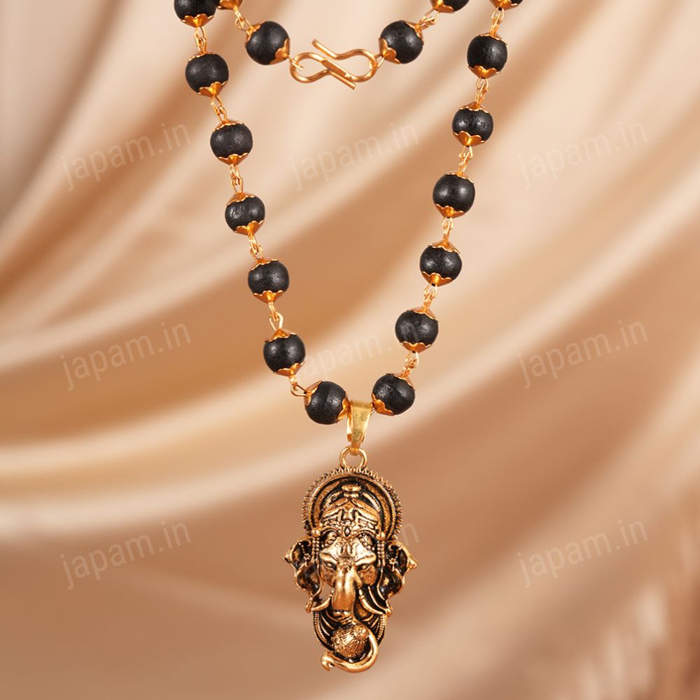 Gold Plated Karungali Necklace with Lord Ganesha Pendant