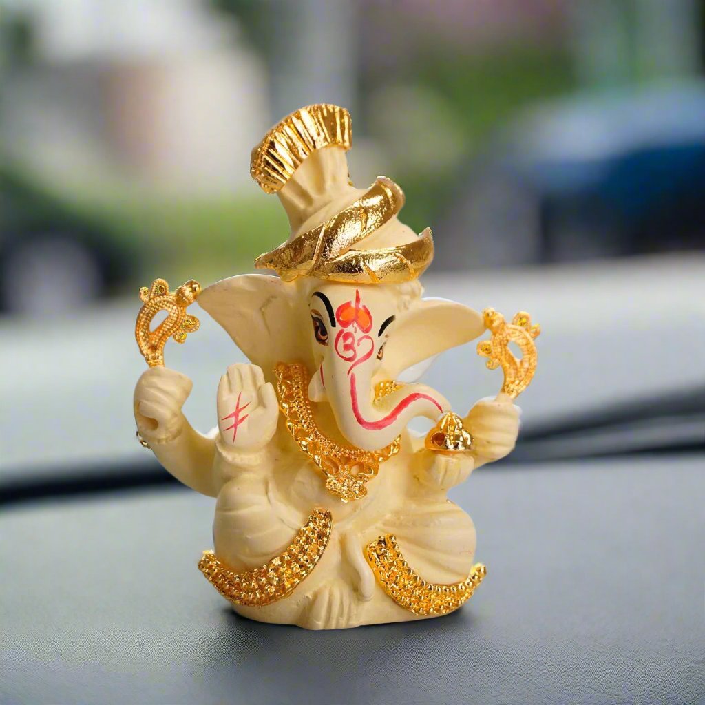 Gold Plated Pagdi Ganesh Ji Idol - for Car Dashboard and Mandir