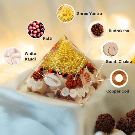 Golden Lakshmi Money Magnet Pyramid with Rudraksha, Shree Yantra, Gomti Chakra & White Kaudi