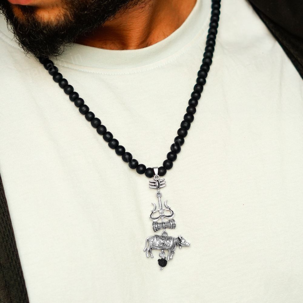Silver Plated Karungali Mala with Trishool Nandi Pendant