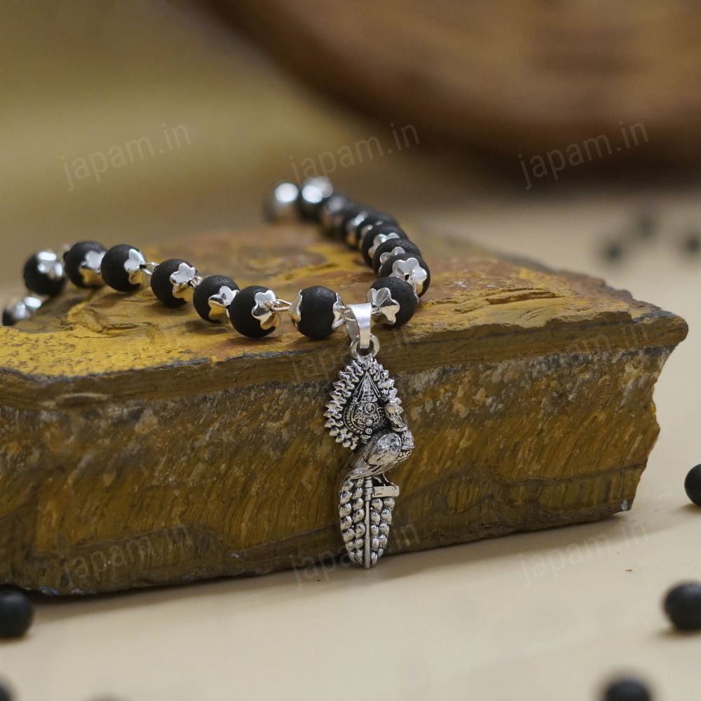 Silver Plated Karungali Necklace with Peacock Pendant