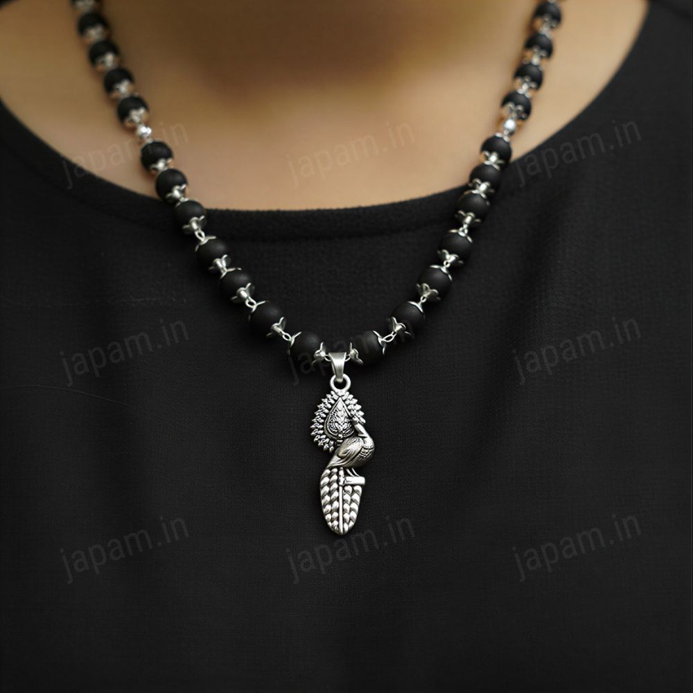 Silver Plated Karungali Necklace with Peacock Pendant