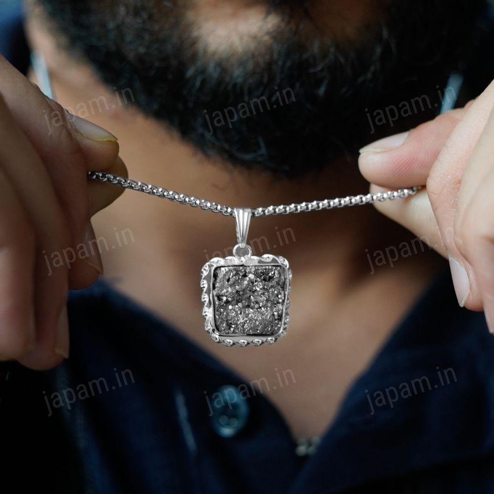 Silver Plated Raw Pyrite Stone Pendant
