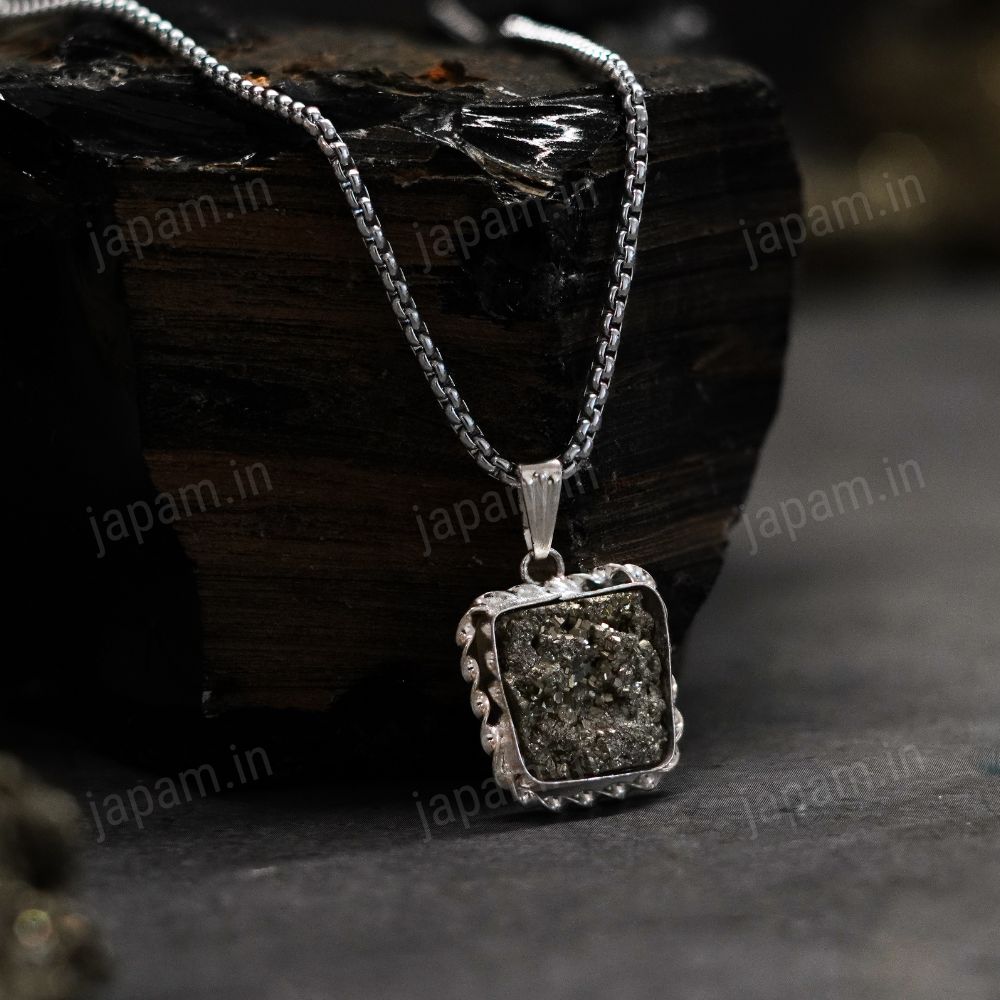 Silver Plated Raw Pyrite Stone Pendant