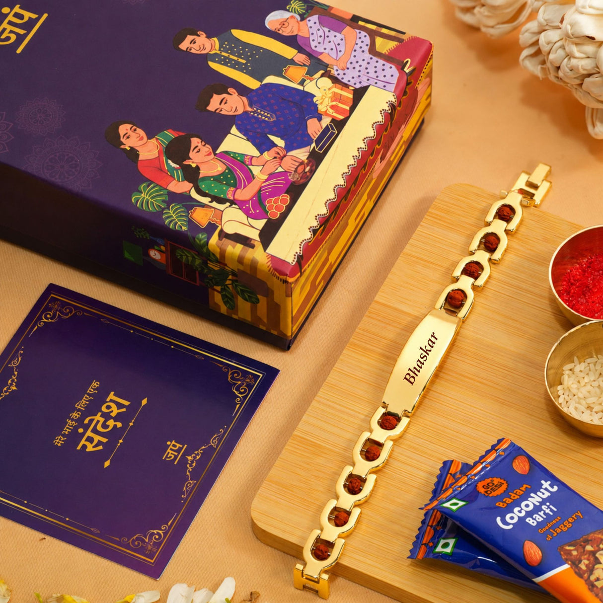 Customized Rudraksha Rakhi Hamper with Name Engraving