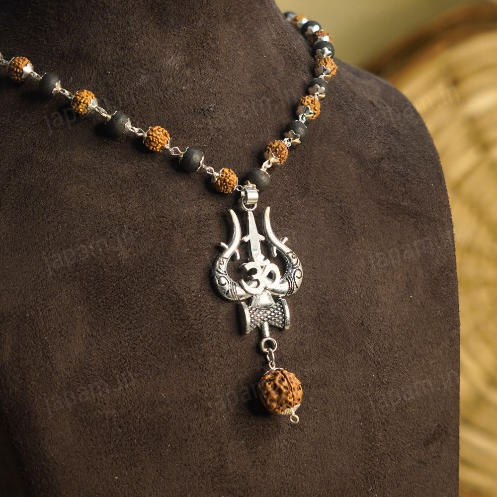Silver Plated Rudraksha & Karungali Mala with Trishul Pendent