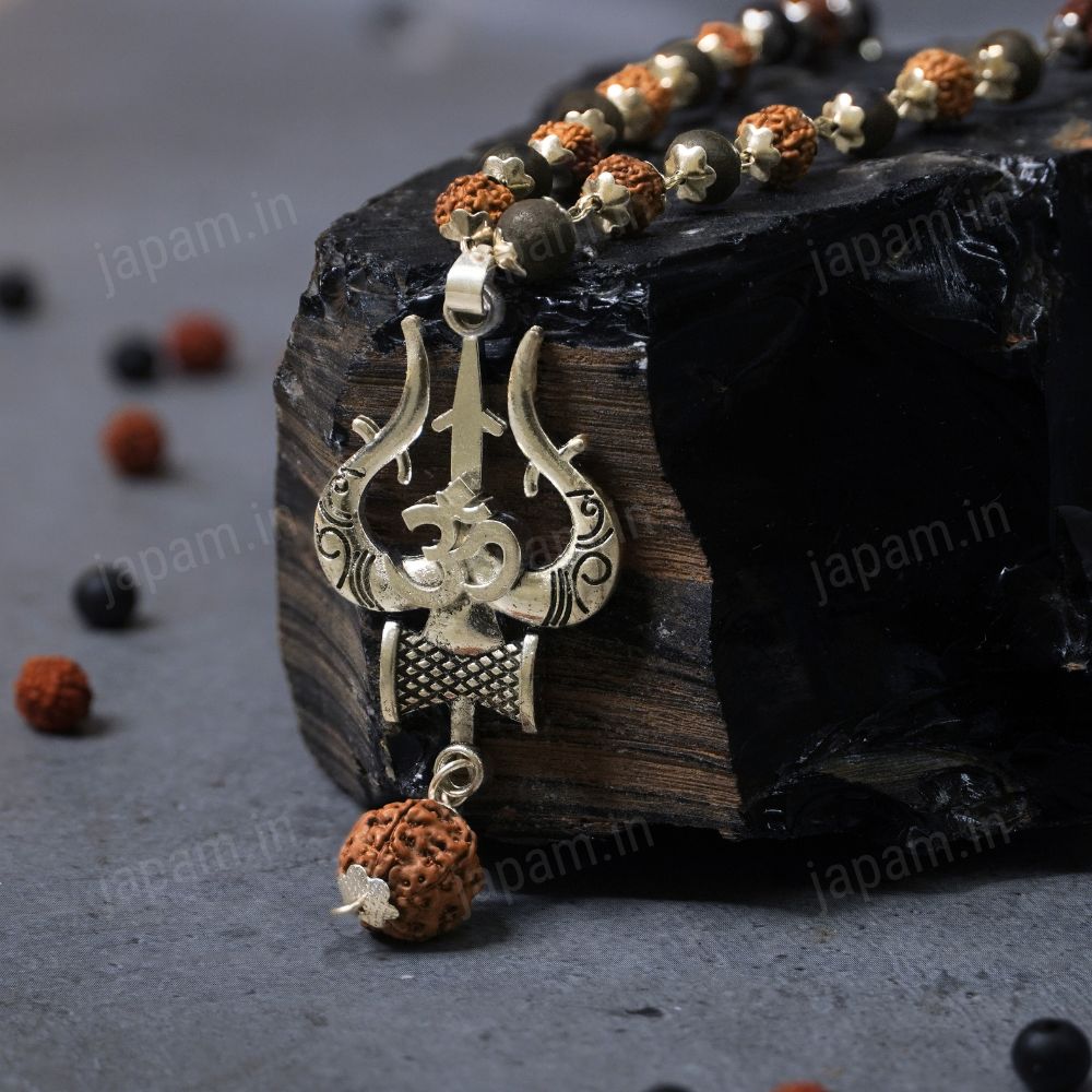 Silver Plated Rudraksha & Karungali Mala with Trishul Pendent