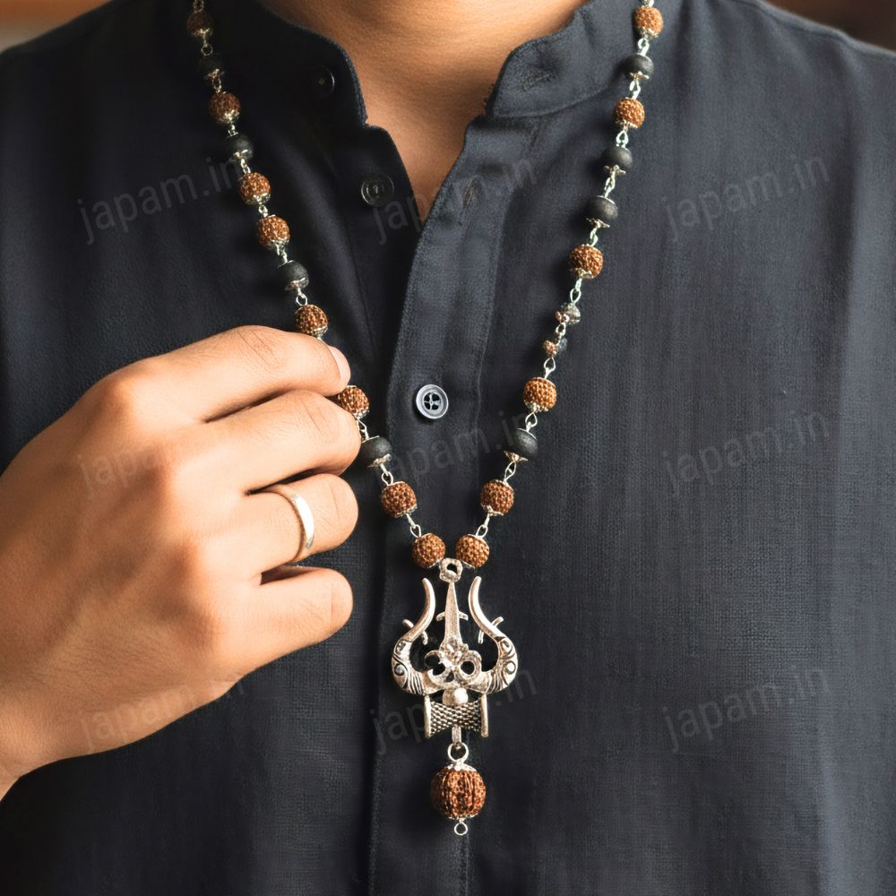 Silver Plated Rudraksha & Karungali Mala with Trishul Pendent